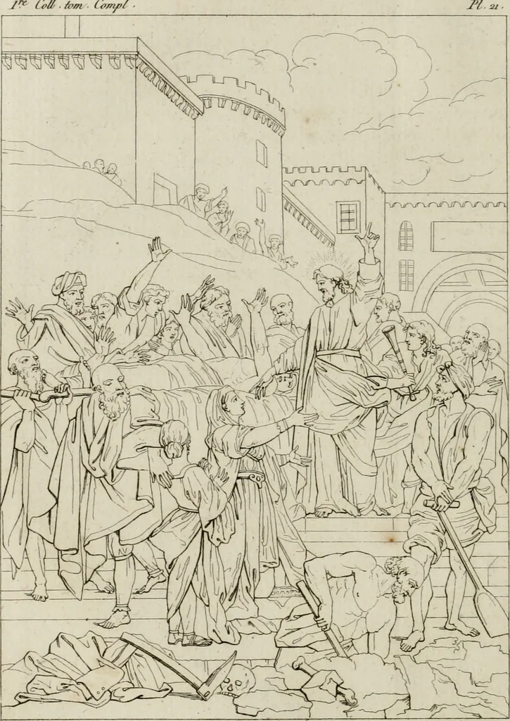 An illustration from Annales du musée et de l'école moderne des beaux-arts : recueil de gravures au trait, d'après les principaux ouvrages de peinture, sculpture, ou projets d'architecture, qui, chaque année, ont remporté le prix, soit aux écoles spéciales, soit aux concours nationaux : les productions des artistes en tous genres, qui, aux différentes expositions, ont été citées avec éloges : les morceaux les plus estimés ou inédits de la galerie de peinture : la suite complète de celle des antiques : édifices anciens et modernes, etc., 1800, leaf 83