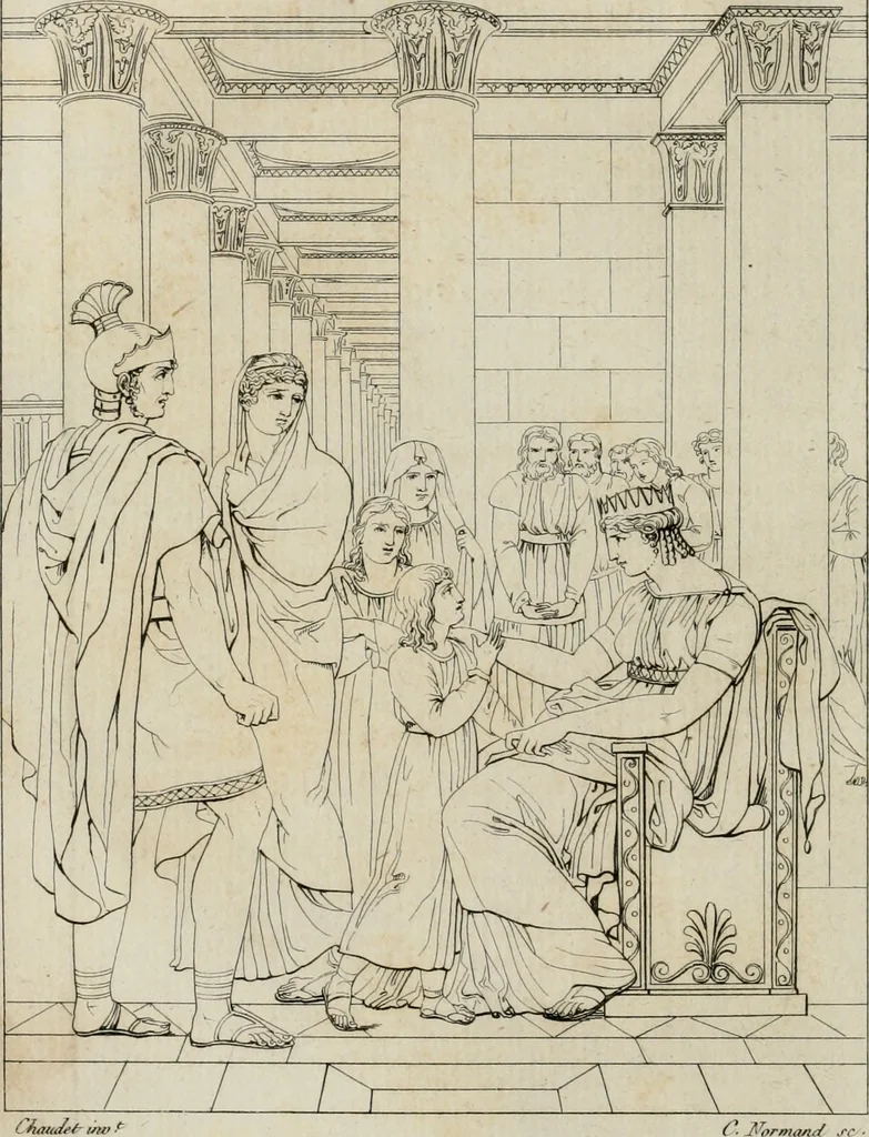 An illustration from Annales du musée et de l'école moderne des beaux-arts : recueil de gravures au trait, d'après les principaux ouvrages de peinture, sculpture, ou projets d'architecture, qui, chaque année, ont remporté le prix, soit aux écoles spéciales, soit aux concours nationaux : les productions des artistes en tous genres, qui, aux différentes expositions, ont été citées avec éloges : les morceaux les plus estimés ou inédits de la galerie de peinture : la suite complète de celle des antiques : édifices anciens et modernes, etc., 1800, leaf 89
