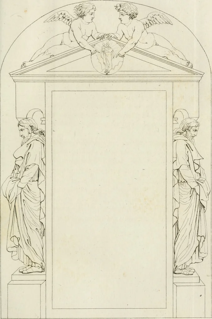 An illustration from Annales du musée et de l'école moderne des beaux-arts : recueil de gravures au trait, d'après les principaux ouvrages de peinture, sculpture, ou projets d'architecture, qui, chaque année, ont remporté le prix, soit aux écoles spéciales, soit aux concours nationaux : les productions des artistes en tous genres, qui, aux différentes expositions, ont été citées avec éloges : les morceaux les plus estimés ou inédits de la galerie de peinture : la suite complète de celle des antiques : édifices anciens et modernes, etc., 1800, leaf 92