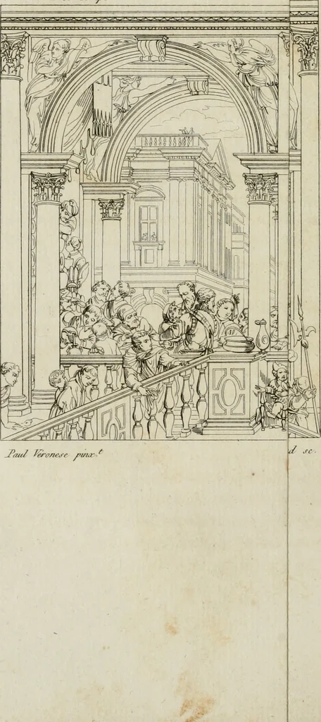 An illustration from Annales du musée et de l'école moderne des beaux-arts : recueil de gravures au trait, d'après les principaux ouvrages de peinture, sculpture, ou projets d'architecture, qui, chaque année, ont remporté le prix, soit aux écoles spéciales, soit aux concours nationaux : les productions des artistes en tous genres, qui, aux différentes expositions, ont été citées avec éloges : les morceaux les plus estimés ou inédits de la galerie de peinture : la suite complète de celle des antiques : édifices anciens et modernes, etc., 1800, leaf 95