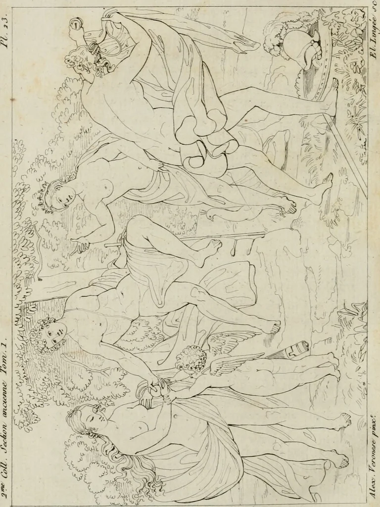 An illustration from Annales du musée et de l'école moderne des beaux-arts : recueil de gravures au trait, d'après les principaux ouvrages de peinture, sculpture, ou projets d'architecture, qui, chaque année, ont remporté le prix, soit aux écoles spéciales, soit aux concours nationaux : les productions des artistes en tous genres, qui, aux différentes expositions, ont été citées avec éloges : les morceaux les plus estimés ou inédits de la galerie de peinture : la suite complète de celle des antiques : édifices anciens et modernes, etc., 1800, leaf 101