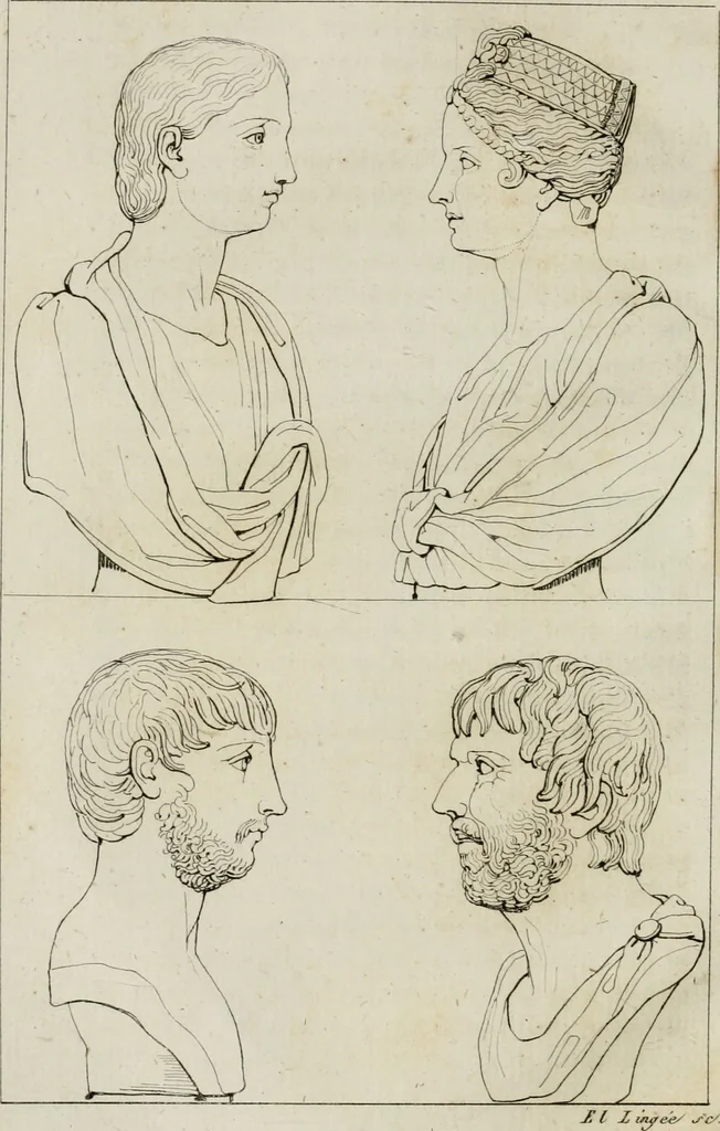 An illustration from Annales du musée et de l'école moderne des beaux-arts : recueil de gravures au trait, d'après les principaux ouvrages de peinture, sculpture, ou projets d'architecture, qui, chaque année, ont remporté le prix, soit aux écoles spéciales, soit aux concours nationaux : les productions des artistes en tous genres, qui, aux différentes expositions, ont été citées avec éloges : les morceaux les plus estimés ou inédits de la galerie de peinture : la suite complète de celle des antiques : édifices anciens et modernes, etc., 1800, leaf 105
