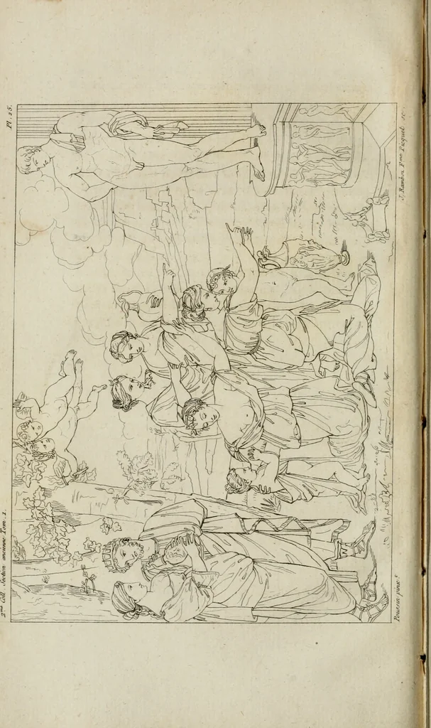 An illustration from Annales du musée et de l'école moderne des beaux-arts : recueil de gravures au trait, d'après les principaux ouvrages de peinture, sculpture, ou projets d'architecture, qui, chaque année, ont remporté le prix, soit aux écoles spéciales, soit aux concours nationaux : les productions des artistes en tous genres, qui, aux différentes expositions, ont été citées avec éloges : les morceaux les plus estimés ou inédits de la galerie de peinture : la suite complète de celle des antiques : édifices anciens et modernes, etc., 1800, leaf 109