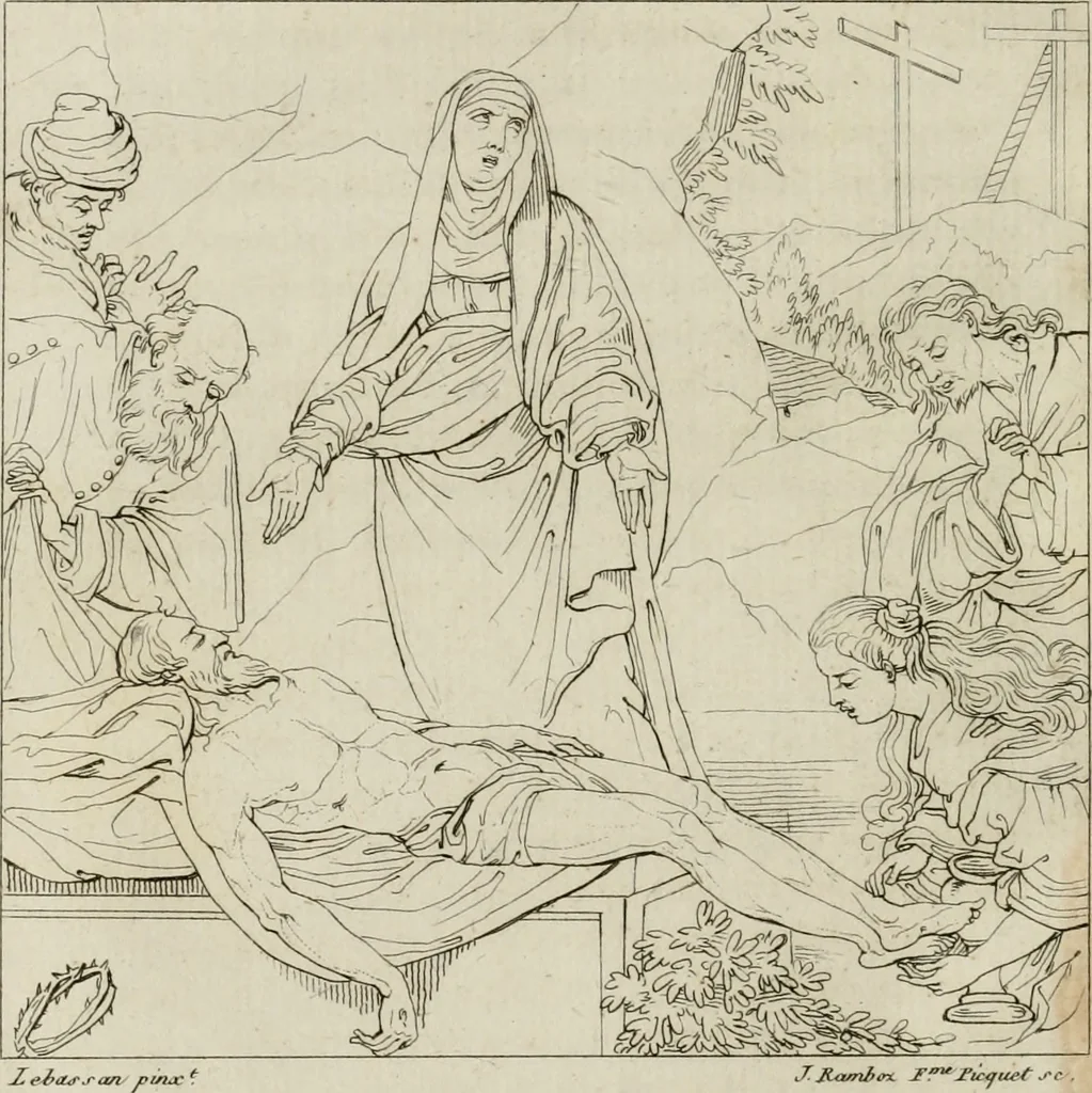An illustration from Annales du musée et de l'école moderne des beaux-arts : recueil de gravures au trait, d'après les principaux ouvrages de peinture, sculpture, ou projets d'architecture, qui, chaque année, ont remporté le prix, soit aux écoles spéciales, soit aux concours nationaux : les productions des artistes en tous genres, qui, aux différentes expositions, ont été citées avec éloges : les morceaux les plus estimés ou inédits de la galerie de peinture : la suite complète de celle des antiques : édifices anciens et modernes, etc., 1800, leaf 113