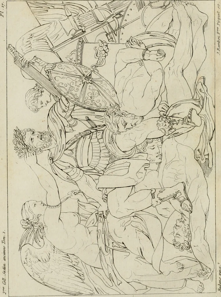An illustration from Annales du musée et de l'école moderne des beaux-arts : recueil de gravures au trait, d'après les principaux ouvrages de peinture, sculpture, ou projets d'architecture, qui, chaque année, ont remporté le prix, soit aux écoles spéciales, soit aux concours nationaux : les productions des artistes en tous genres, qui, aux différentes expositions, ont été citées avec éloges : les morceaux les plus estimés ou inédits de la galerie de peinture : la suite complète de celle des antiques : édifices anciens et modernes, etc., 1800, leaf 117