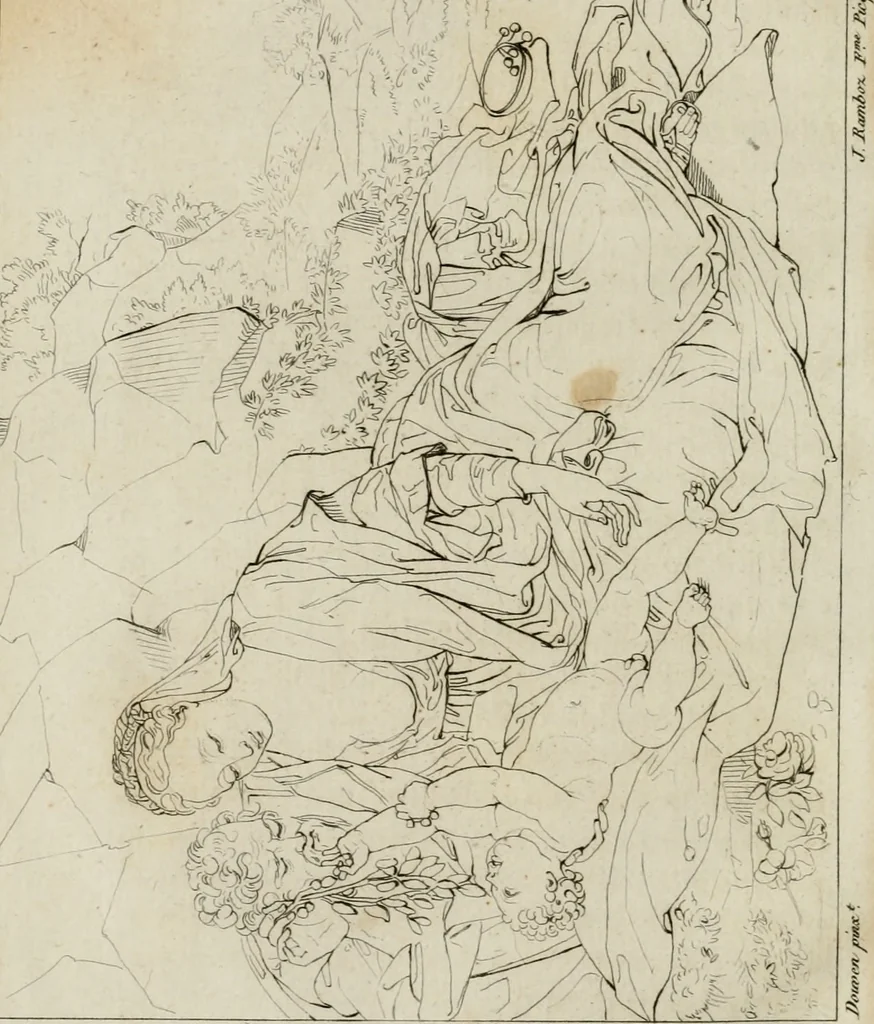 An illustration from Annales du musée et de l'école moderne des beaux-arts : recueil de gravures au trait, d'après les principaux ouvrages de peinture, sculpture, ou projets d'architecture, qui, chaque année, ont remporté le prix, soit aux écoles spéciales, soit aux concours nationaux : les productions des artistes en tous genres, qui, aux différentes expositions, ont été citées avec éloges : les morceaux les plus estimés ou inédits de la galerie de peinture : la suite complète de celle des antiques : édifices anciens et modernes, etc., 1800, leaf 125