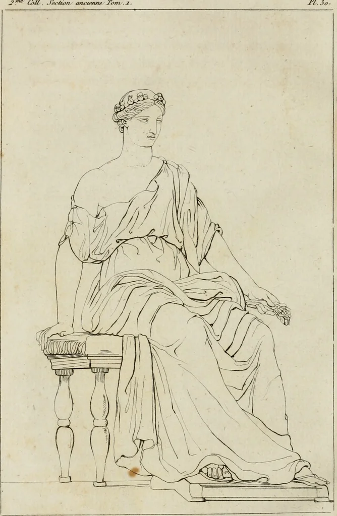 An illustration from Annales du musée et de l'école moderne des beaux-arts : recueil de gravures au trait, d'après les principaux ouvrages de peinture, sculpture, ou projets d'architecture, qui, chaque année, ont remporté le prix, soit aux écoles spéciales, soit aux concours nationaux : les productions des artistes en tous genres, qui, aux différentes expositions, ont été citées avec éloges : les morceaux les plus estimés ou inédits de la galerie de peinture : la suite complète de celle des antiques : édifices anciens et modernes, etc., 1800, leaf 129