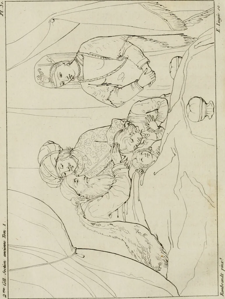 An illustration from Annales du musée et de l'école moderne des beaux-arts : recueil de gravures au trait, d'après les principaux ouvrages de peinture, sculpture, ou projets d'architecture, qui, chaque année, ont remporté le prix, soit aux écoles spéciales, soit aux concours nationaux : les productions des artistes en tous genres, qui, aux différentes expositions, ont été citées avec éloges : les morceaux les plus estimés ou inédits de la galerie de peinture : la suite complète de celle des antiques : édifices anciens et modernes, etc., 1800, leaf 133