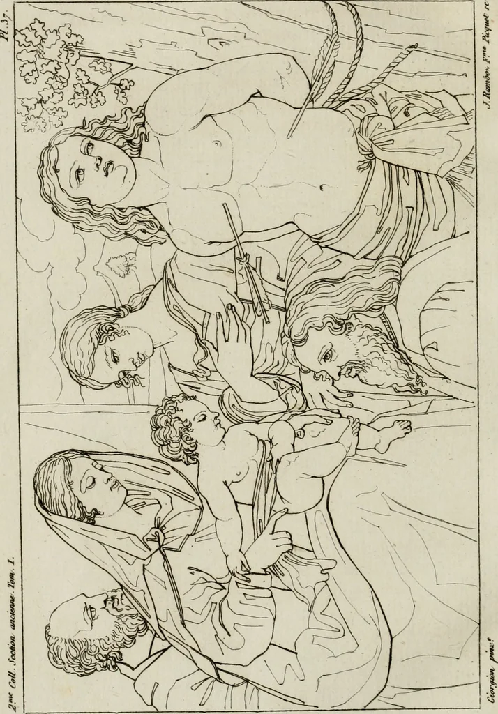 An illustration from Annales du musée et de l'école moderne des beaux-arts : recueil de gravures au trait, d'après les principaux ouvrages de peinture, sculpture, ou projets d'architecture, qui, chaque année, ont remporté le prix, soit aux écoles spéciales, soit aux concours nationaux : les productions des artistes en tous genres, qui, aux différentes expositions, ont été citées avec éloges : les morceaux les plus estimés ou inédits de la galerie de peinture : la suite complète de celle des antiques : édifices anciens et modernes, etc., 1800, leaf 157