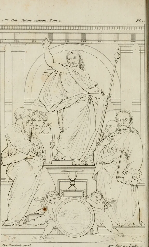 An illustration from Annales du musée et de l'école moderne des beaux-arts : recueil de gravures au trait, d'après les principaux ouvrages de peinture, sculpture, ou projets d'architecture, qui, chaque année, ont remporté le prix, soit aux écoles spéciales, soit aux concours nationaux : les productions des artistes en tous genres, qui, aux différentes expositions, ont été citées avec éloges : les morceaux les plus estimés ou inédits de la galerie de peinture : la suite complète de celle des antiques : édifices anciens et modernes, etc., 1800, leaf 17