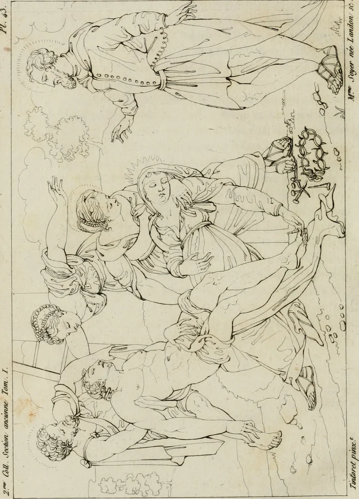 An illustration from Annales du musée et de l'école moderne des beaux-arts : recueil de gravures au trait, d'après les principaux ouvrages de peinture, sculpture, ou projets d'architecture, qui, chaque année, ont remporté le prix, soit aux écoles spéciales, soit aux concours nationaux : les productions des artistes en tous genres, qui, aux différentes expositions, ont été citées avec éloges : les morceaux les plus estimés ou inédits de la galerie de peinture : la suite complète de celle des antiques : édifices anciens et modernes, etc., 1800, leaf 181