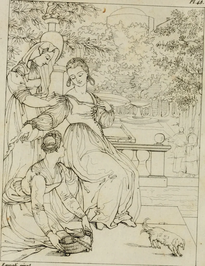 An illustration from Annales du musée et de l'école moderne des beaux-arts : recueil de gravures au trait, d'après les principaux ouvrages de peinture, sculpture, ou projets d'architecture, qui, chaque année, ont remporté le prix, soit aux écoles spéciales, soit aux concours nationaux : les productions des artistes en tous genres, qui, aux différentes expositions, ont été citées avec éloges : les morceaux les plus estimés ou inédits de la galerie de peinture : la suite complète de celle des antiques : édifices anciens et modernes, etc., 1800, leaf 201