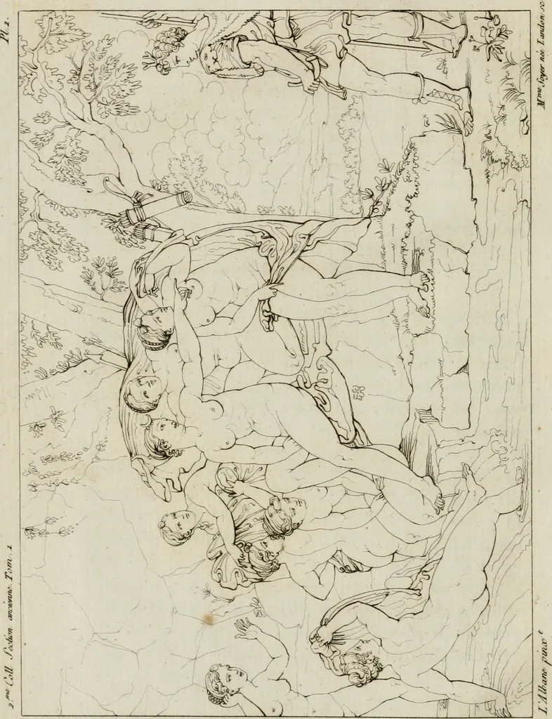 An illustration from Annales du musée et de l'école moderne des beaux-arts : recueil de gravures au trait, d'après les principaux ouvrages de peinture, sculpture, ou projets d'architecture, qui, chaque année, ont remporté le prix, soit aux écoles spéciales, soit aux concours nationaux : les productions des artistes en tous genres, qui, aux différentes expositions, ont été citées avec éloges : les morceaux les plus estimés ou inédits de la galerie de peinture : la suite complète de celle des antiques : édifices anciens et modernes, etc., 1800, leaf 21