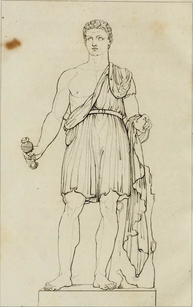An illustration from Annales du musée et de l'école moderne des beaux-arts : recueil de gravures au trait, d'après les principaux ouvrages de peinture, sculpture, ou projets d'architecture, qui, chaque année, ont remporté le prix, soit aux écoles spéciales, soit aux concours nationaux : les productions des artistes en tous genres, qui, aux différentes expositions, ont été citées avec éloges : les morceaux les plus estimés ou inédits de la galerie de peinture : la suite complète de celle des antiques : édifices anciens et modernes, etc., 1800, leaf 217