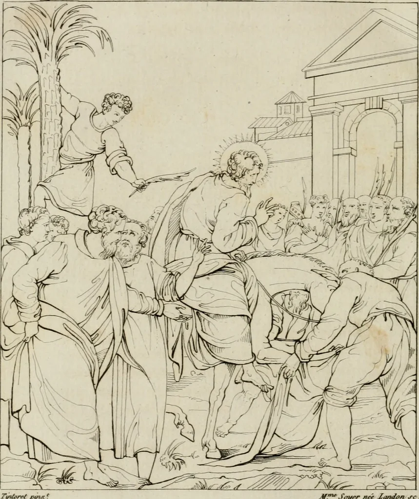 An illustration from Annales du musée et de l'école moderne des beaux-arts : recueil de gravures au trait, d'après les principaux ouvrages de peinture, sculpture, ou projets d'architecture, qui, chaque année, ont remporté le prix, soit aux écoles spéciales, soit aux concours nationaux : les productions des artistes en tous genres, qui, aux différentes expositions, ont été citées avec éloges : les morceaux les plus estimés ou inédits de la galerie de peinture : la suite complète de celle des antiques : édifices anciens et modernes, etc., 1800, leaf 221