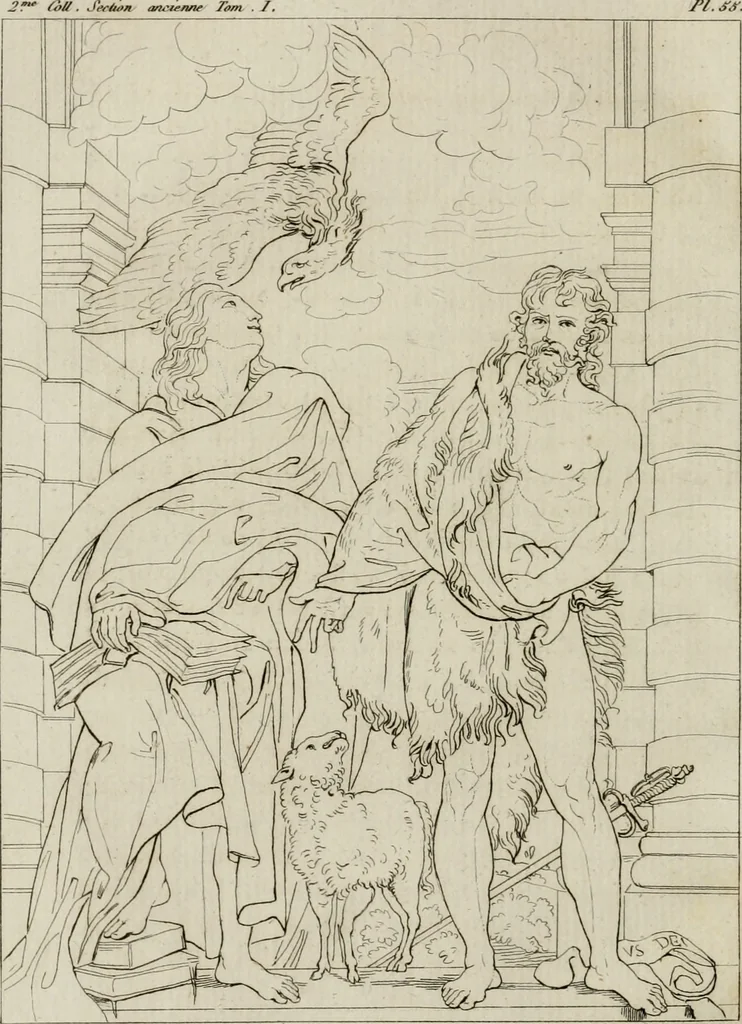 An illustration from Annales du musée et de l'école moderne des beaux-arts : recueil de gravures au trait, d'après les principaux ouvrages de peinture, sculpture, ou projets d'architecture, qui, chaque année, ont remporté le prix, soit aux écoles spéciales, soit aux concours nationaux : les productions des artistes en tous genres, qui, aux différentes expositions, ont été citées avec éloges : les morceaux les plus estimés ou inédits de la galerie de peinture : la suite complète de celle des antiques : édifices anciens et modernes, etc., 1800, leaf 229