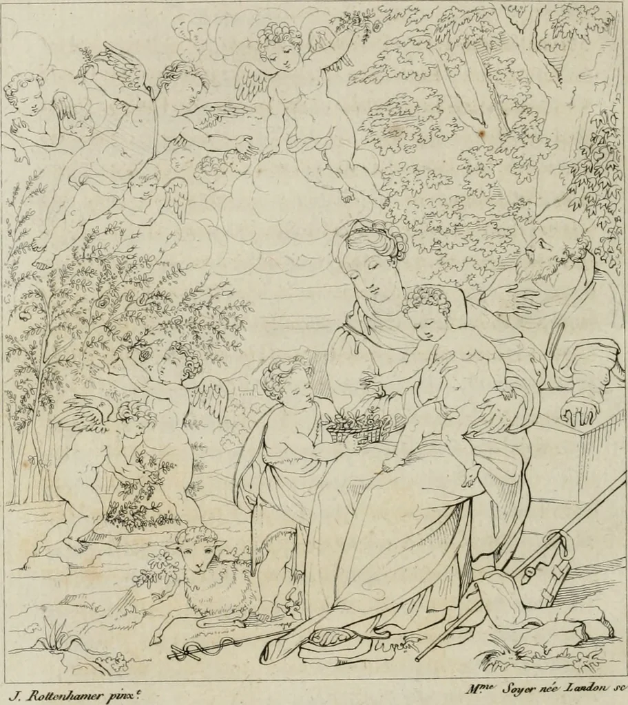 An illustration from Annales du musée et de l'école moderne des beaux-arts : recueil de gravures au trait, d'après les principaux ouvrages de peinture, sculpture, ou projets d'architecture, qui, chaque année, ont remporté le prix, soit aux écoles spéciales, soit aux concours nationaux : les productions des artistes en tous genres, qui, aux différentes expositions, ont été citées avec éloges : les morceaux les plus estimés ou inédits de la galerie de peinture : la suite complète de celle des antiques : édifices anciens et modernes, etc., 1800, leaf 261