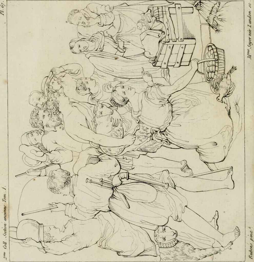 An illustration from Annales du musée et de l'école moderne des beaux-arts : recueil de gravures au trait, d'après les principaux ouvrages de peinture, sculpture, ou projets d'architecture, qui, chaque année, ont remporté le prix, soit aux écoles spéciales, soit aux concours nationaux : les productions des artistes en tous genres, qui, aux différentes expositions, ont été citées avec éloges : les morceaux les plus estimés ou inédits de la galerie de peinture : la suite complète de celle des antiques : édifices anciens et modernes, etc., 1800, leaf 277