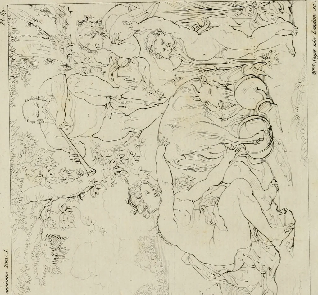 An illustration from Annales du musée et de l'école moderne des beaux-arts : recueil de gravures au trait, d'après les principaux ouvrages de peinture, sculpture, ou projets d'architecture, qui, chaque année, ont remporté le prix, soit aux écoles spéciales, soit aux concours nationaux : les productions des artistes en tous genres, qui, aux différentes expositions, ont été citées avec éloges : les morceaux les plus estimés ou inédits de la galerie de peinture : la suite complète de celle des antiques : édifices anciens et modernes, etc., 1800, leaf 285