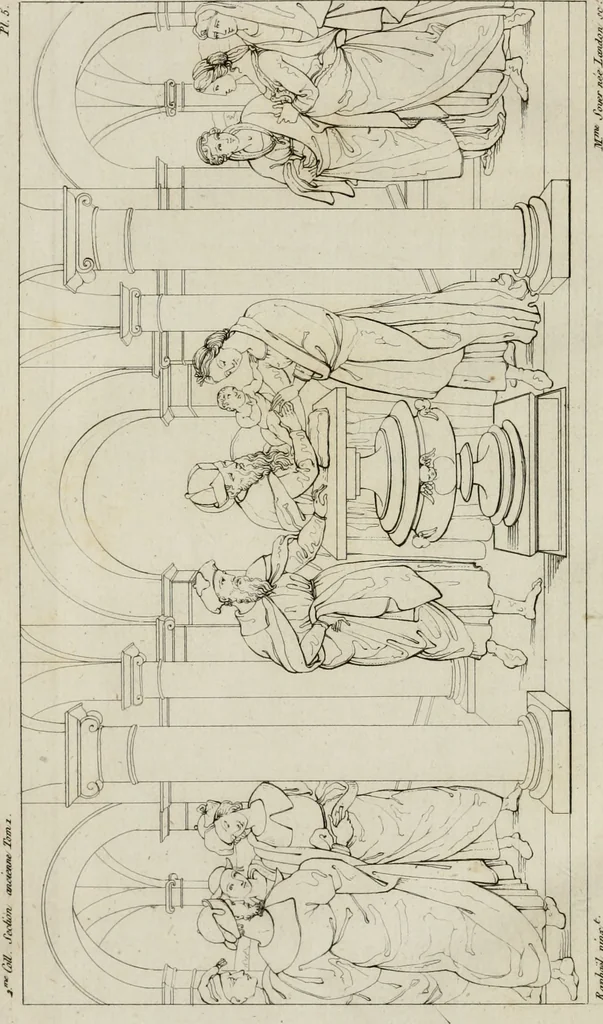 An illustration from Annales du musée et de l'école moderne des beaux-arts : recueil de gravures au trait, d'après les principaux ouvrages de peinture, sculpture, ou projets d'architecture, qui, chaque année, ont remporté le prix, soit aux écoles spéciales, soit aux concours nationaux : les productions des artistes en tous genres, qui, aux différentes expositions, ont été citées avec éloges : les morceaux les plus estimés ou inédits de la galerie de peinture : la suite complète de celle des antiques : édifices anciens et modernes, etc., 1800, leaf 33
