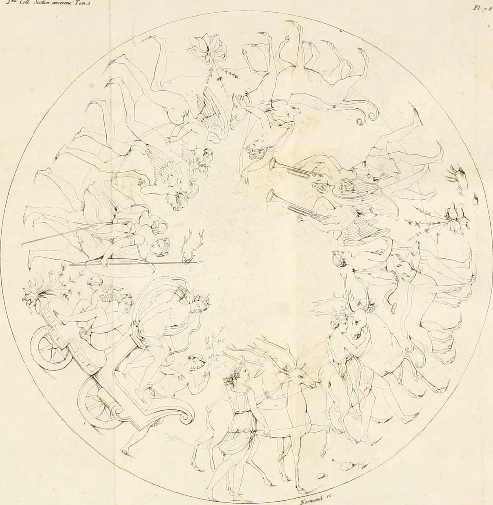 An illustration from Annales du musée et de l'école moderne des beaux-arts : recueil de gravures au trait, d'après les principaux ouvrages de peinture, sculpture, ou projets d'architecture, qui, chaque année, ont remporté le prix, soit aux écoles spéciales, soit aux concours nationaux : les productions des artistes en tous genres, qui, aux différentes expositions, ont été citées avec éloges : les morceaux les plus estimés ou inédits de la galerie de peinture : la suite complète de celle des antiques : édifices anciens et modernes, etc., 1800, leaf 40