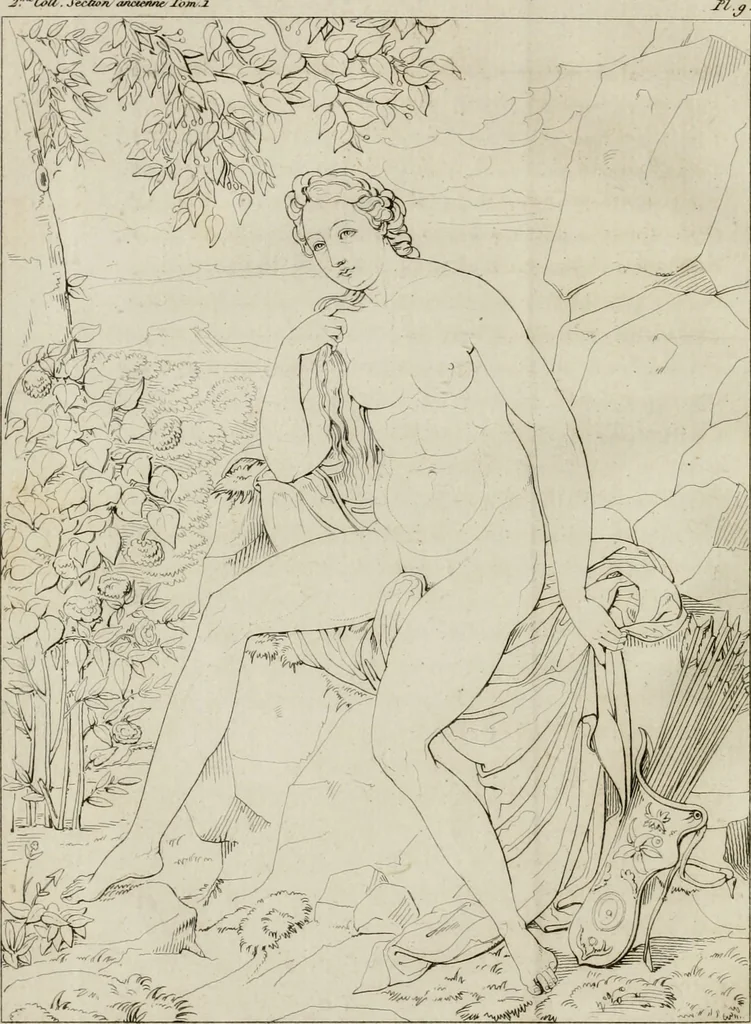 An illustration from Annales du musée et de l'école moderne des beaux-arts : recueil de gravures au trait, d'après les principaux ouvrages de peinture, sculpture, ou projets d'architecture, qui, chaque année, ont remporté le prix, soit aux écoles spéciales, soit aux concours nationaux : les productions des artistes en tous genres, qui, aux différentes expositions, ont été citées avec éloges : les morceaux les plus estimés ou inédits de la galerie de peinture : la suite complète de celle des antiques : édifices anciens et modernes, etc., 1800, leaf 45