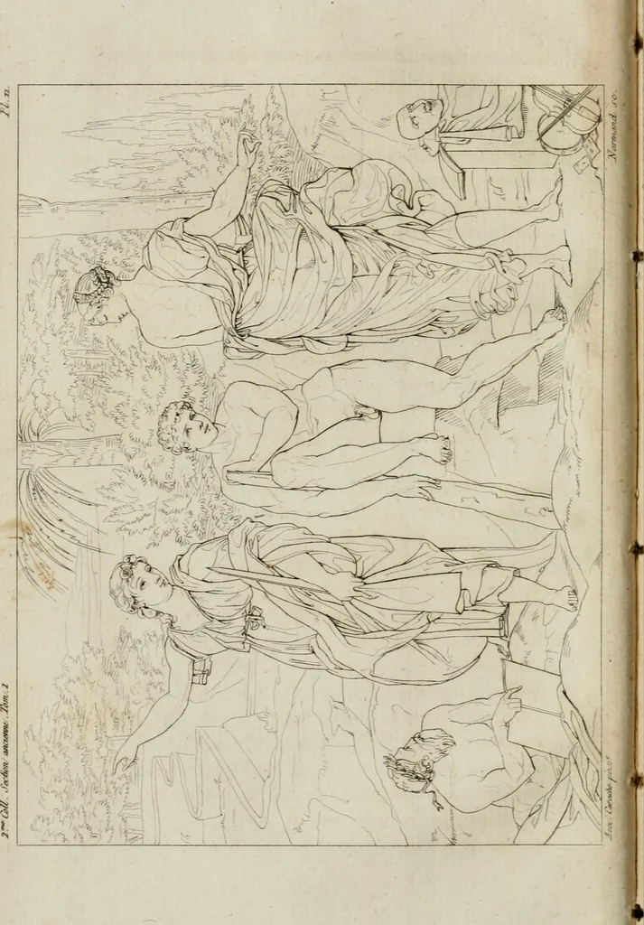An illustration from Annales du musée et de l'école moderne des beaux-arts : recueil de gravures au trait, d'après les principaux ouvrages de peinture, sculpture, ou projets d'architecture, qui, chaque année, ont remporté le prix, soit aux écoles spéciales, soit aux concours nationaux : les productions des artistes en tous genres, qui, aux différentes expositions, ont été citées avec éloges : les morceaux les plus estimés ou inédits de la galerie de peinture : la suite complète de celle des antiques : édifices anciens et modernes, etc., 1800, leaf 53