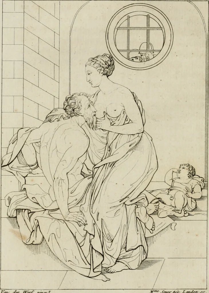An illustration from Annales du musée et de l'école moderne des beaux-arts : recueil de gravures au trait, d'après les principaux ouvrages de peinture, sculpture, ou projets d'architecture, qui, chaque année, ont remporté le prix, soit aux écoles spéciales, soit aux concours nationaux : les productions des artistes en tous genres, qui, aux différentes expositions, ont été citées avec éloges : les morceaux les plus estimés ou inédits de la galerie de peinture : la suite complète de celle des antiques : édifices anciens et modernes, etc., 1800, leaf 61