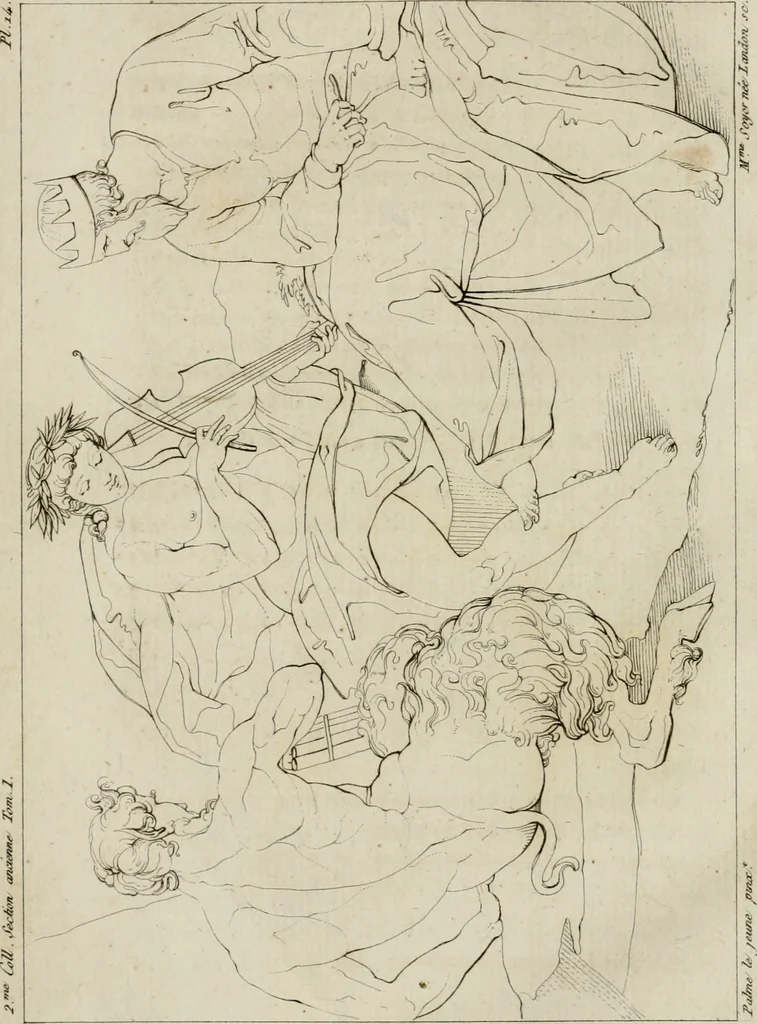 An illustration from Annales du musée et de l'école moderne des beaux-arts : recueil de gravures au trait, d'après les principaux ouvrages de peinture, sculpture, ou projets d'architecture, qui, chaque année, ont remporté le prix, soit aux écoles spéciales, soit aux concours nationaux : les productions des artistes en tous genres, qui, aux différentes expositions, ont été citées avec éloges : les morceaux les plus estimés ou inédits de la galerie de peinture : la suite complète de celle des antiques : édifices anciens et modernes, etc., 1800, leaf 65
