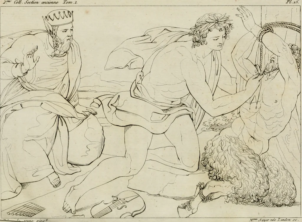 An illustration from Annales du musée et de l'école moderne des beaux-arts : recueil de gravures au trait, d'après les principaux ouvrages de peinture, sculpture, ou projets d'architecture, qui, chaque année, ont remporté le prix, soit aux écoles spéciales, soit aux concours nationaux : les productions des artistes en tous genres, qui, aux différentes expositions, ont été citées avec éloges : les morceaux les plus estimés ou inédits de la galerie de peinture : la suite complète de celle des antiques : édifices anciens et modernes, etc., 1800, leaf 69