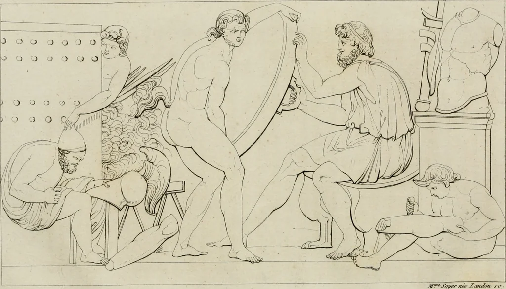 An illustration from Annales du musée et de l'école moderne des beaux-arts : recueil de gravures au trait, d'après les principaux ouvrages de peinture, sculpture, ou projets d'architecture, qui, chaque année, ont remporté le prix, soit aux écoles spéciales, soit aux concours nationaux : les productions des artistes en tous genres, qui, aux différentes expositions, ont été citées avec éloges : les morceaux les plus estimés ou inédits de la galerie de peinture : la suite complète de celle des antiques : édifices anciens et modernes, etc., 1800, leaf 77