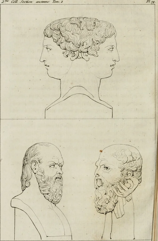 An illustration from Annales du musée et de l'école moderne des beaux-arts : recueil de gravures au trait, d'après les principaux ouvrages de peinture, sculpture, ou projets d'architecture, qui, chaque année, ont remporté le prix, soit aux écoles spéciales, soit aux concours nationaux : les productions des artistes en tous genres, qui, aux différentes expositions, ont été citées avec éloges : les morceaux les plus estimés ou inédits de la galerie de peinture : la suite complète de celle des antiques : édifices anciens et modernes, etc., 1800, leaf 85