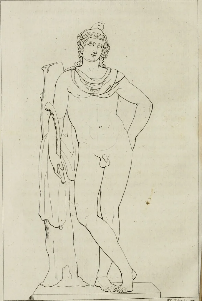 An illustration from Annales du musée et de l'école moderne des beaux-arts : recueil de gravures au trait, d'après les principaux ouvrages de peinture, sculpture, ou projets d'architecture, qui, chaque année, ont remporté le prix, soit aux écoles spéciales, soit aux concours nationaux : les productions des artistes en tous genres, qui, aux différentes expositions, ont été citées avec éloges : les morceaux les plus estimés ou inédits de la galerie de peinture : la suite complète de celle des antiques : édifices anciens et modernes, etc., 1800, leaf 89