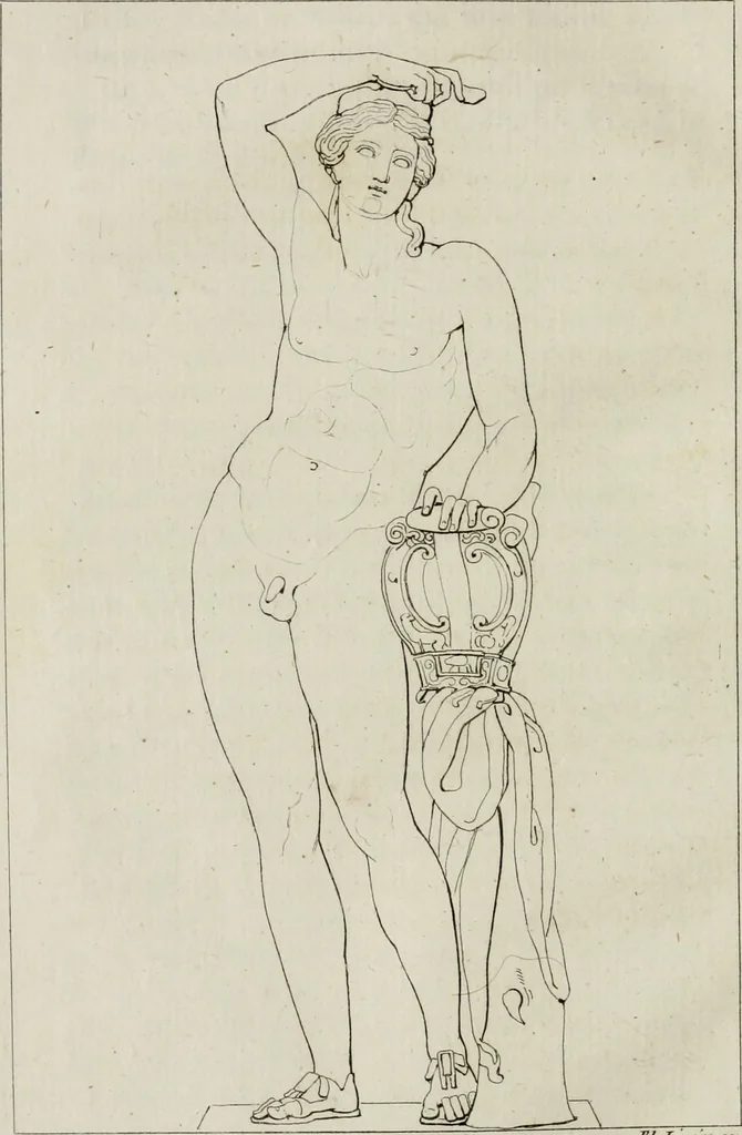 An illustration from Annales du musée et de l'école moderne des beaux-arts : recueil de gravures au trait, d'après les principaux ouvrages de peinture, sculpture, ou projets d'architecture, qui, chaque année, ont remporté le prix, soit aux écoles spéciales, soit aux concours nationaux : les productions des artistes en tous genres, qui, aux différentes expositions, ont été citées avec éloges : les morceaux les plus estimés ou inédits de la galerie de peinture : la suite complète de celle des antiques : édifices anciens et modernes, etc., 1800, leaf 93