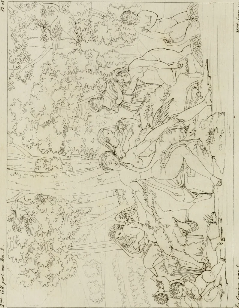 An illustration from Annales du musée et de l'école moderne des beaux-arts : recueil de gravures au trait, d'après les principaux ouvrages de peinture, sculpture, ou projets d'architecture, qui, chaque année, ont remporté le prix, soit aux écoles spéciales, soit aux concours nationaux : les productions des artistes en tous genres, qui, aux différentes expositions, ont été citées avec éloges : les morceaux les plus estimés ou inédits de la galerie de peinture : la suite complète de celle des antiques : édifices anciens et modernes, etc., 1800, leaf 101
