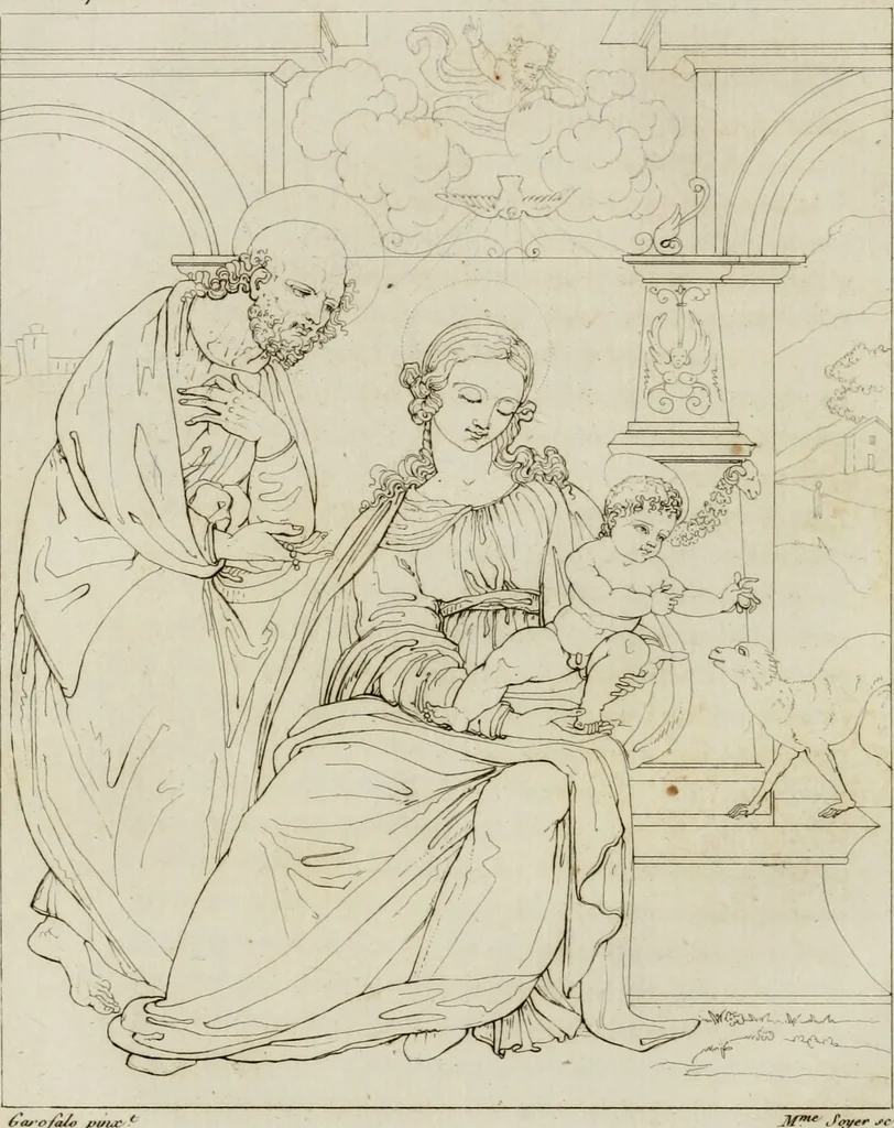 An illustration from Annales du musée et de l'école moderne des beaux-arts : recueil de gravures au trait, d'après les principaux ouvrages de peinture, sculpture, ou projets d'architecture, qui, chaque année, ont remporté le prix, soit aux écoles spéciales, soit aux concours nationaux : les productions des artistes en tous genres, qui, aux différentes expositions, ont été citées avec éloges : les morceaux les plus estimés ou inédits de la galerie de peinture : la suite complète de celle des antiques : édifices anciens et modernes, etc., 1800, leaf 105