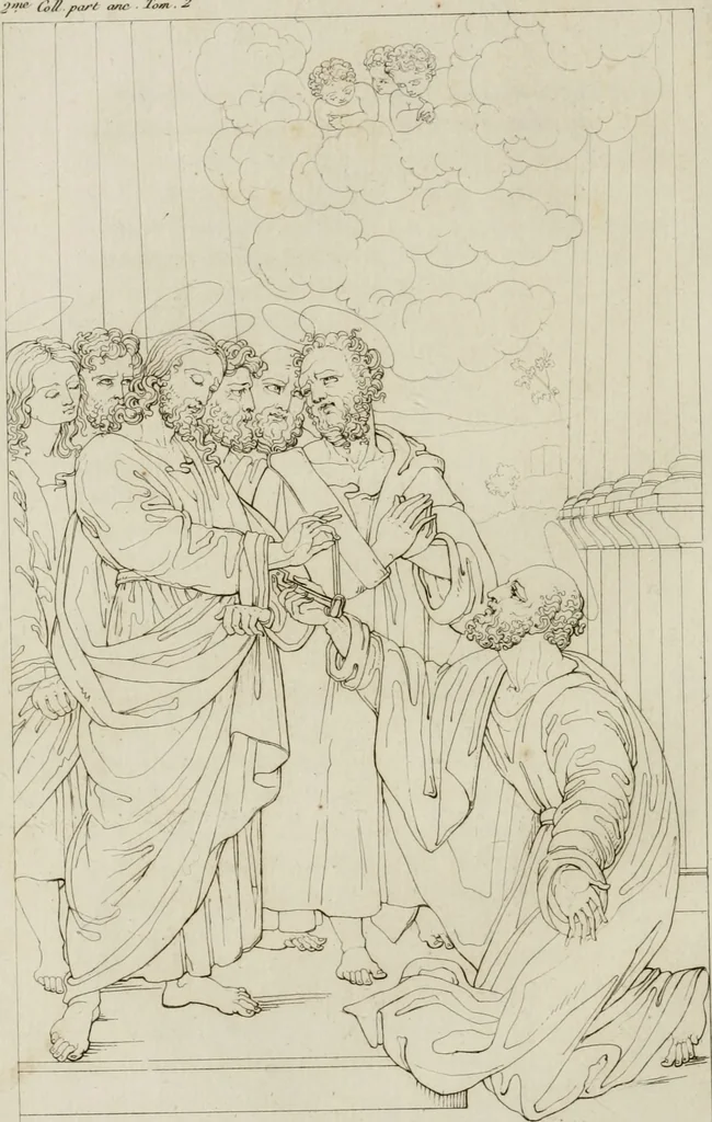 An illustration from Annales du musée et de l'école moderne des beaux-arts : recueil de gravures au trait, d'après les principaux ouvrages de peinture, sculpture, ou projets d'architecture, qui, chaque année, ont remporté le prix, soit aux écoles spéciales, soit aux concours nationaux : les productions des artistes en tous genres, qui, aux différentes expositions, ont été citées avec éloges : les morceaux les plus estimés ou inédits de la galerie de peinture : la suite complète de celle des antiques : édifices anciens et modernes, etc., 1800, leaf 113