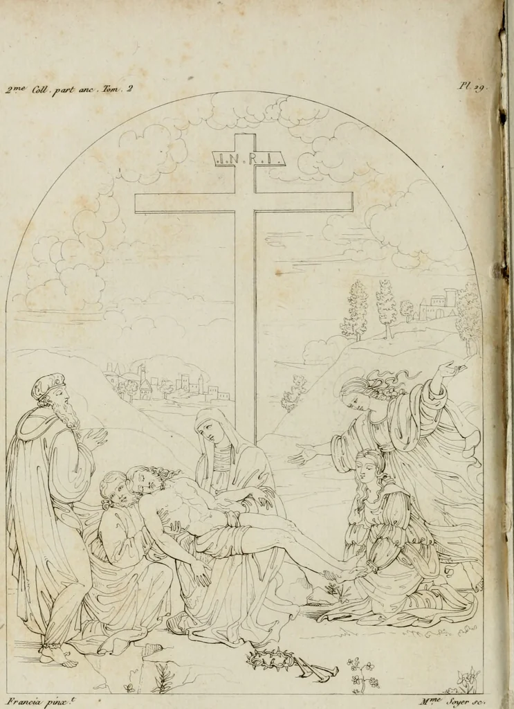 An illustration from Annales du musée et de l'école moderne des beaux-arts : recueil de gravures au trait, d'après les principaux ouvrages de peinture, sculpture, ou projets d'architecture, qui, chaque année, ont remporté le prix, soit aux écoles spéciales, soit aux concours nationaux : les productions des artistes en tous genres, qui, aux différentes expositions, ont été citées avec éloges : les morceaux les plus estimés ou inédits de la galerie de peinture : la suite complète de celle des antiques : édifices anciens et modernes, etc., 1800, leaf 117