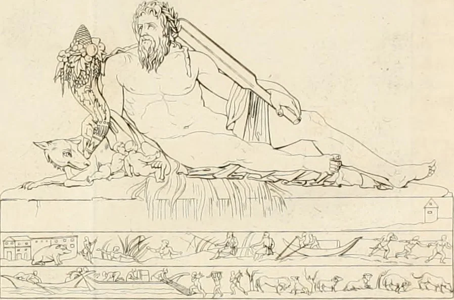 An illustration from Annales du musée et de l'école moderne des beaux-arts : recueil de gravures au trait, d'après les principaux ouvrages de peinture, sculpture, ou projets d'architecture, qui, chaque année, ont remporté le prix, soit aux écoles spéciales, soit aux concours nationaux : les productions des artistes en tous genres, qui, aux différentes expositions, ont été citées avec éloges : les morceaux les plus estimés ou inédits de la galerie de peinture : la suite complète de celle des antiques : édifices anciens et modernes, etc., 1800, leaf 12