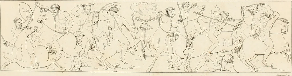 An illustration from Annales du musée et de l'école moderne des beaux-arts : recueil de gravures au trait, d'après les principaux ouvrages de peinture, sculpture, ou projets d'architecture, qui, chaque année, ont remporté le prix, soit aux écoles spéciales, soit aux concours nationaux : les productions des artistes en tous genres, qui, aux différentes expositions, ont été citées avec éloges : les morceaux les plus estimés ou inédits de la galerie de peinture : la suite complète de celle des antiques : édifices anciens et modernes, etc., 1800, leaf 12