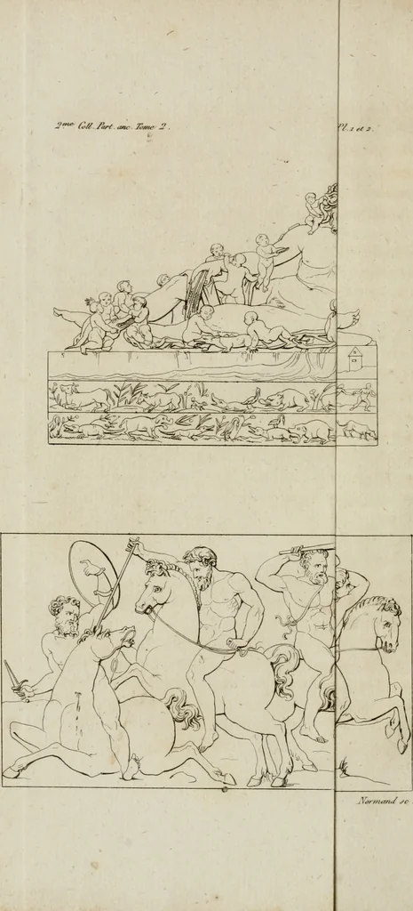 An illustration from Annales du musée et de l'école moderne des beaux-arts : recueil de gravures au trait, d'après les principaux ouvrages de peinture, sculpture, ou projets d'architecture, qui, chaque année, ont remporté le prix, soit aux écoles spéciales, soit aux concours nationaux : les productions des artistes en tous genres, qui, aux différentes expositions, ont été citées avec éloges : les morceaux les plus estimés ou inédits de la galerie de peinture : la suite complète de celle des antiques : édifices anciens et modernes, etc., 1800, leaf 13