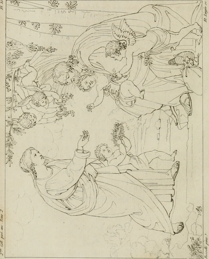 An illustration from Annales du musée et de l'école moderne des beaux-arts : recueil de gravures au trait, d'après les principaux ouvrages de peinture, sculpture, ou projets d'architecture, qui, chaque année, ont remporté le prix, soit aux écoles spéciales, soit aux concours nationaux : les productions des artistes en tous genres, qui, aux différentes expositions, ont été citées avec éloges : les morceaux les plus estimés ou inédits de la galerie de peinture : la suite complète de celle des antiques : édifices anciens et modernes, etc., 1800, leaf 139