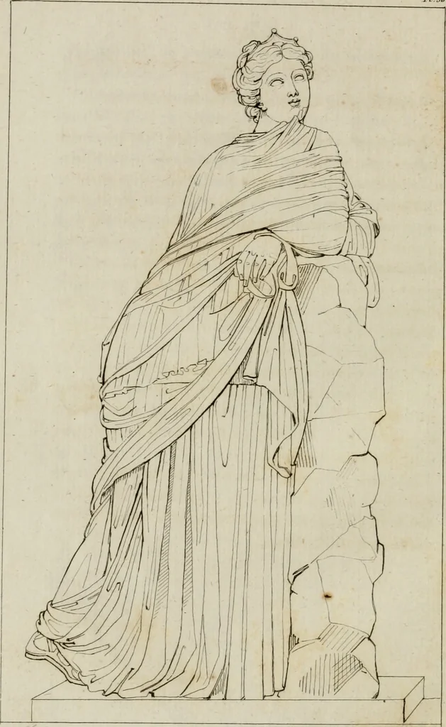 An illustration from Annales du musée et de l'école moderne des beaux-arts : recueil de gravures au trait, d'après les principaux ouvrages de peinture, sculpture, ou projets d'architecture, qui, chaque année, ont remporté le prix, soit aux écoles spéciales, soit aux concours nationaux : les productions des artistes en tous genres, qui, aux différentes expositions, ont été citées avec éloges : les morceaux les plus estimés ou inédits de la galerie de peinture : la suite complète de celle des antiques : édifices anciens et modernes, etc., 1800, leaf 143