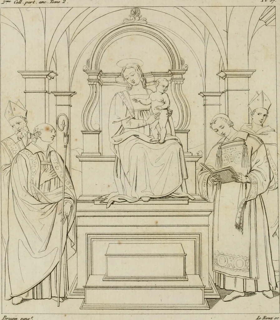 An illustration from Annales du musée et de l'école moderne des beaux-arts : recueil de gravures au trait, d'après les principaux ouvrages de peinture, sculpture, ou projets d'architecture, qui, chaque année, ont remporté le prix, soit aux écoles spéciales, soit aux concours nationaux : les productions des artistes en tous genres, qui, aux différentes expositions, ont été citées avec éloges : les morceaux les plus estimés ou inédits de la galerie de peinture : la suite complète de celle des antiques : édifices anciens et modernes, etc., 1800, leaf 147