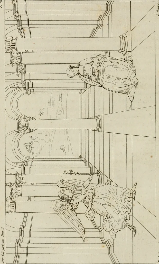 An illustration from Annales du musée et de l'école moderne des beaux-arts : recueil de gravures au trait, d'après les principaux ouvrages de peinture, sculpture, ou projets d'architecture, qui, chaque année, ont remporté le prix, soit aux écoles spéciales, soit aux concours nationaux : les productions des artistes en tous genres, qui, aux différentes expositions, ont été citées avec éloges : les morceaux les plus estimés ou inédits de la galerie de peinture : la suite complète de celle des antiques : édifices anciens et modernes, etc., 1800, leaf 151
