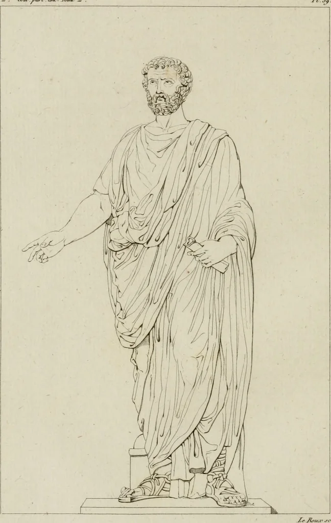 An illustration from Annales du musée et de l'école moderne des beaux-arts : recueil de gravures au trait, d'après les principaux ouvrages de peinture, sculpture, ou projets d'architecture, qui, chaque année, ont remporté le prix, soit aux écoles spéciales, soit aux concours nationaux : les productions des artistes en tous genres, qui, aux différentes expositions, ont été citées avec éloges : les morceaux les plus estimés ou inédits de la galerie de peinture : la suite complète de celle des antiques : édifices anciens et modernes, etc., 1800, leaf 155