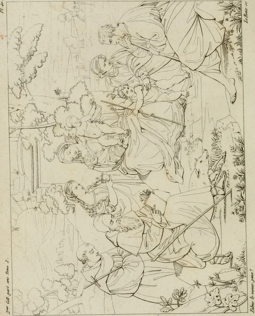 An illustration from Annales du musée et de l'école moderne des beaux-arts : recueil de gravures au trait, d'après les principaux ouvrages de peinture, sculpture, ou projets d'architecture, qui, chaque année, ont remporté le prix, soit aux écoles spéciales, soit aux concours nationaux : les productions des artistes en tous genres, qui, aux différentes expositions, ont été citées avec éloges : les morceaux les plus estimés ou inédits de la galerie de peinture : la suite complète de celle des antiques : édifices anciens et modernes, etc., 1800, leaf 159