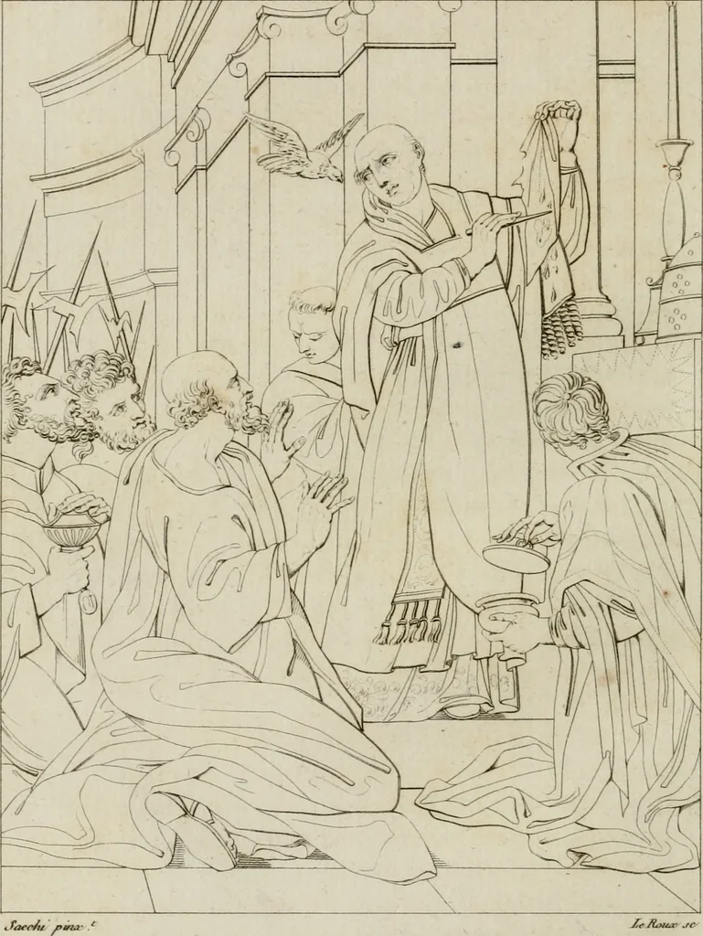 An illustration from Annales du musée et de l'école moderne des beaux-arts : recueil de gravures au trait, d'après les principaux ouvrages de peinture, sculpture, ou projets d'architecture, qui, chaque année, ont remporté le prix, soit aux écoles spéciales, soit aux concours nationaux : les productions des artistes en tous genres, qui, aux différentes expositions, ont été citées avec éloges : les morceaux les plus estimés ou inédits de la galerie de peinture : la suite complète de celle des antiques : édifices anciens et modernes, etc., 1800, leaf 163