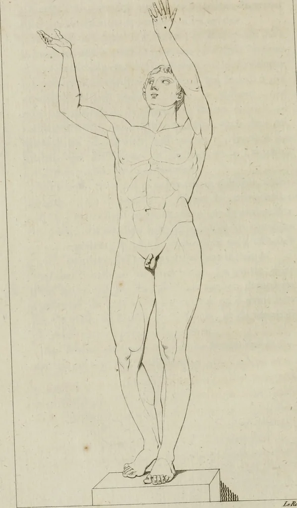 An illustration from Annales du musée et de l'école moderne des beaux-arts : recueil de gravures au trait, d'après les principaux ouvrages de peinture, sculpture, ou projets d'architecture, qui, chaque année, ont remporté le prix, soit aux écoles spéciales, soit aux concours nationaux : les productions des artistes en tous genres, qui, aux différentes expositions, ont été citées avec éloges : les morceaux les plus estimés ou inédits de la galerie de peinture : la suite complète de celle des antiques : édifices anciens et modernes, etc., 1800, leaf 167