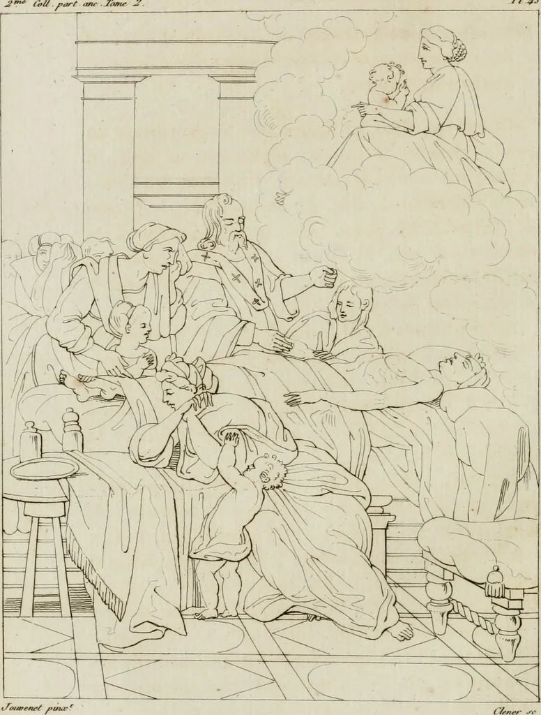 An illustration from Annales du musée et de l'école moderne des beaux-arts : recueil de gravures au trait, d'après les principaux ouvrages de peinture, sculpture, ou projets d'architecture, qui, chaque année, ont remporté le prix, soit aux écoles spéciales, soit aux concours nationaux : les productions des artistes en tous genres, qui, aux différentes expositions, ont été citées avec éloges : les morceaux les plus estimés ou inédits de la galerie de peinture : la suite complète de celle des antiques : édifices anciens et modernes, etc., 1800, leaf 171